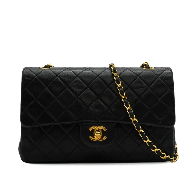 Chanel Vintage Classic Flap Medium Chain Shoulder Bag Black Lamb Skin Gold Hardware in Black from Luxury Promise