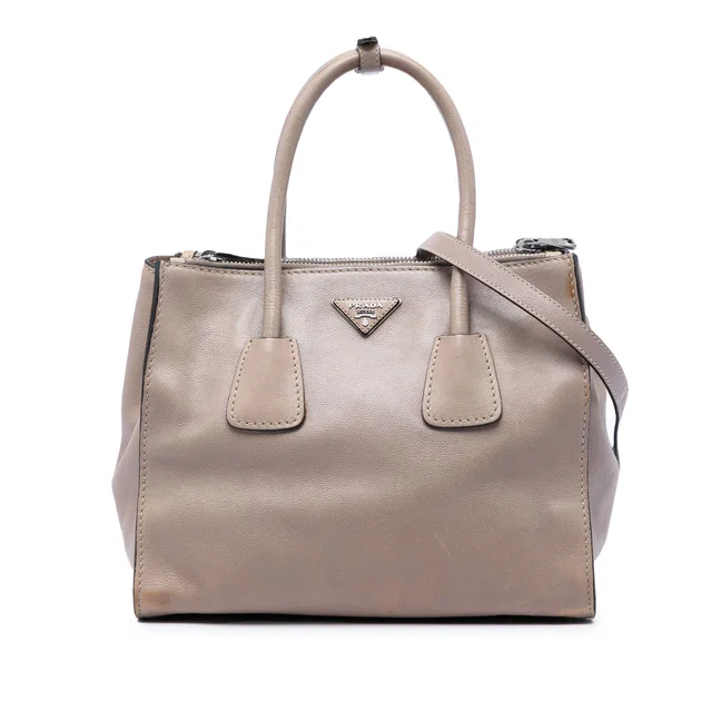 Beige Prada Glace Calf Twin Pocket Double Handle Satchel in Beige Calfskin from Designer Revival