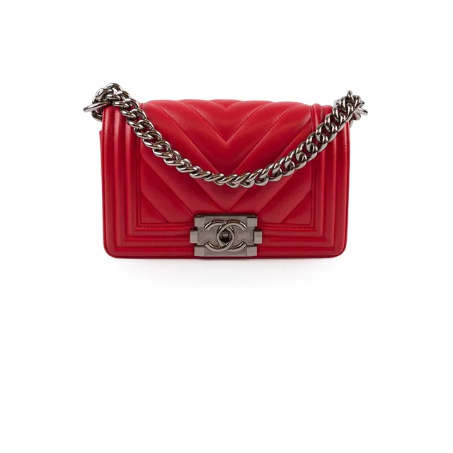 Chanel Small Red Boy Bag Chevron 24 Series in Red Lambskin from The Purse Affair