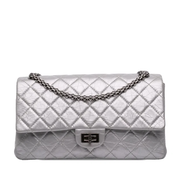 Silver Chanel Quilted Aged Calfskin Reissue 2.55 Double Compartment Single Flap 226 Shoulder Bag in Silver Calfskin from Designer Revival