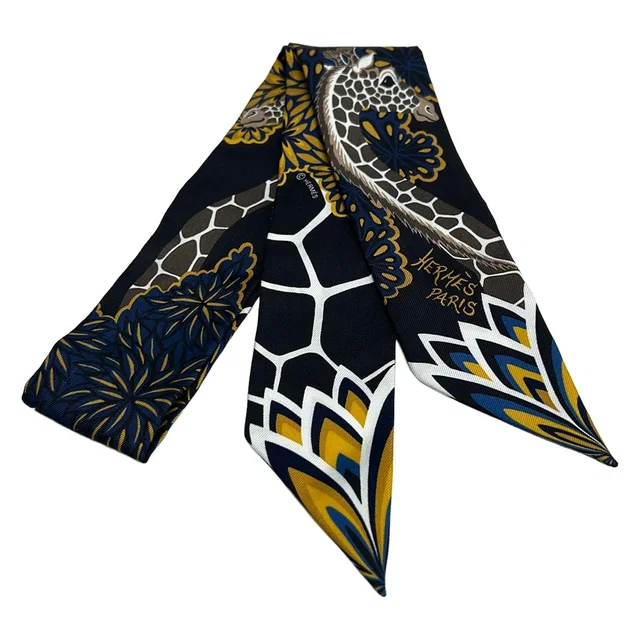 Hermès Scarf Twilly Black Yellow Brown the Three Graces Giraffe in Black from The Reluxe