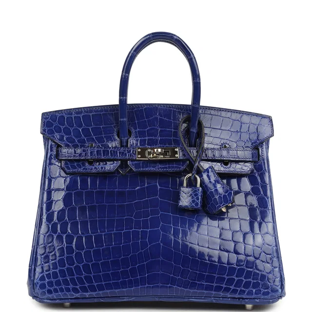 Hermès Birkin 25 Bleu Electric Shiny Niloticus Crocodile Palladium Hardware in Blue Crocodile from Madison Avenue Couture