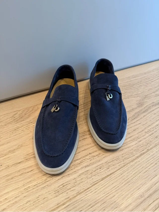 Loro Piana Women Navy Suede Slip-On Loafers With Decorative Hardware in blue Suede from Poshmark