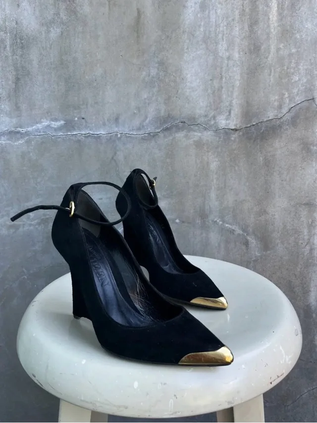 Alexander McQueen Black Suede Ankle-Strap Heels With Gold Toe Caps in black|gold Suede from Poshmark