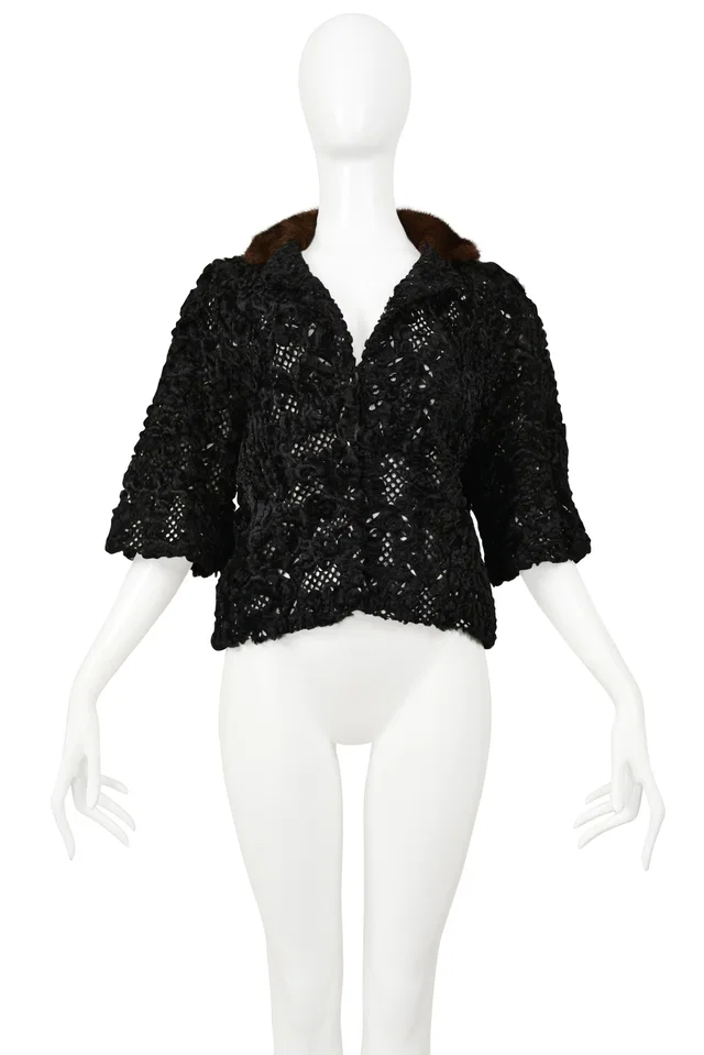 Dior By John Galliano Black Laser Cut Mink Jacket With Brown Fur Collar in Black Satin from Resurrection Vintage