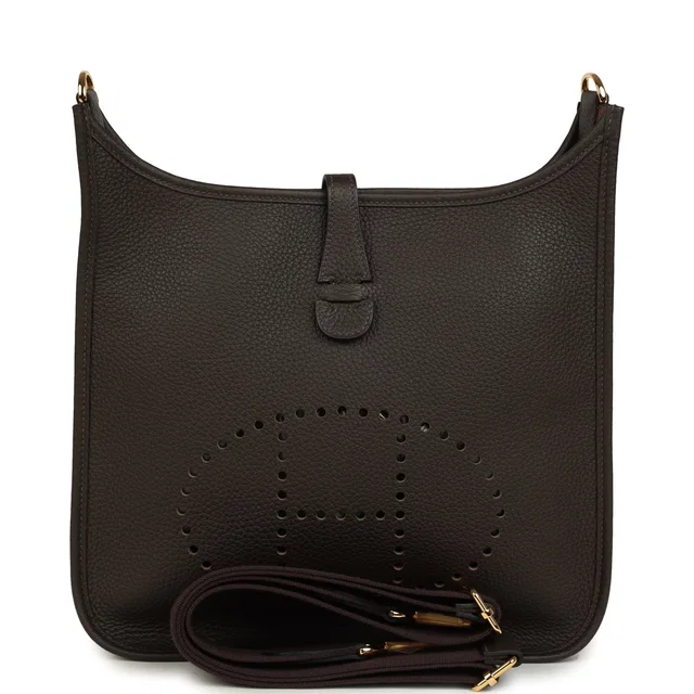 Hermès Evelyne III PM Ebene Clemence Gold Hardware in Brown Clemence leather from Madison Avenue Couture