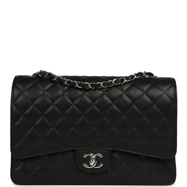 Chanel Maxi Classic Double Flap Bag Black Caviar Silver Hardware in Black Caviar leather from Madison Avenue Couture