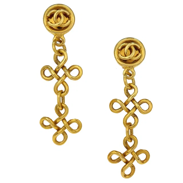 Chanel Dangle Cross Clip-On Earrings Gold 93P/2930 in Gold from AMORE Vintage Tokyo