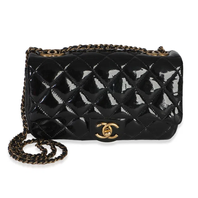 Chanel Black Quilted Patent Goatskin Small CC Eyelet Flap Bag in Black Goatskin from myGemma