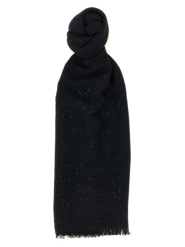 Brunello Cucinelli Diamante Cashmere-Silk Scarf — Black Cashmere And Silk Scarfs in Black Silk from HEWI