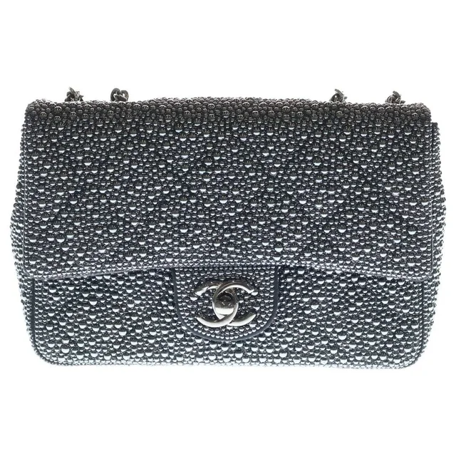 Chanel Pearl Evening Quilted Lambskin Leather S Flap Chain Shoulder Bag Silver in Silver Lambskin from The Reluxe