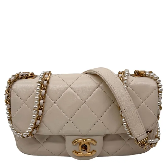 Chanel Crystal Pearls Rectangular Flap Mini Quilted Leather Chain Crossbody Bag Cream in White Leather from Dallas Designer Handbags