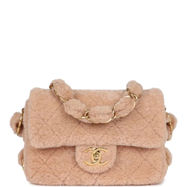 Chanel Small CC Flap Bag Light Pink Shearling Brushed Gold Hardware in Pink Leather from Madison Avenue Couture