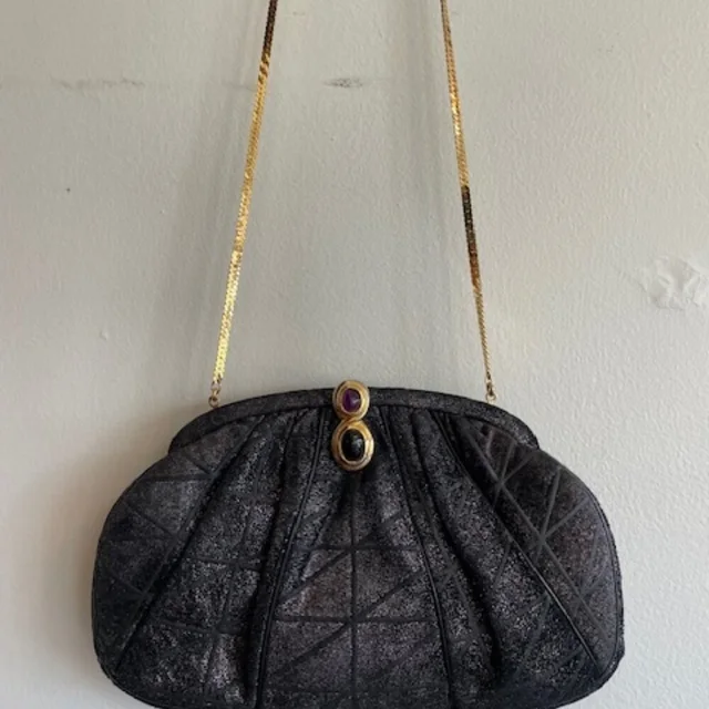 Judith Leiber Judith Lieber Vintage Minaudire Black Metallic Suede Gemstone Clasp Purse in black|gold Suede from Poshmark