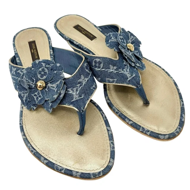 Louis Vuitton Vintage Monogram Denim Sandals #38 Flower Blue Gold Leather in Blue Denim from Luxury Promise