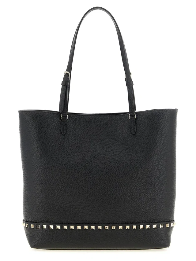 Valentino Garavani Studded Hammered Leather Tote Bag — Black in Black Leather from HEWI