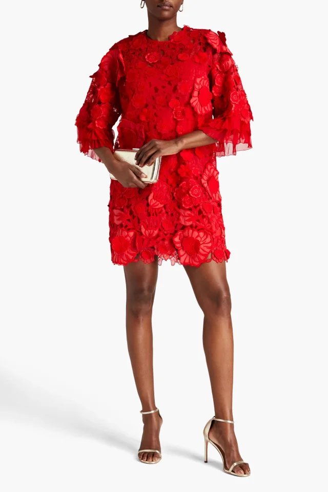 Valentino Garavani Floral-Appliquéd Embroidered Tulle Mini Dress in Red, photo 2 of 4 from THE OUTNET