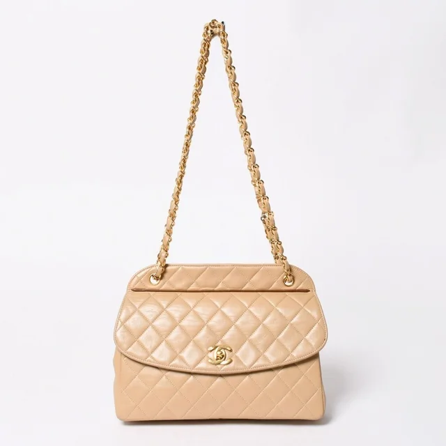 Chanel Quilted CC Logo Diana Flap Chain Shoulder Bag Beige Gold Lambskin in Beige Lambskin from The Reluxe