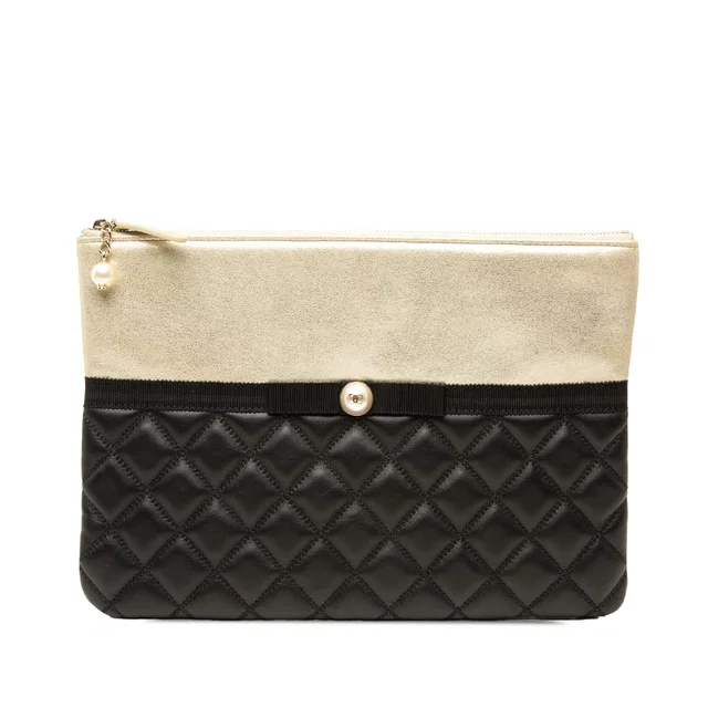 Gold Chanel Medium Quilted Lambskin and Metallic Calfskin Pearl O Case Clutch in Gold Lambskin from Designer Revival