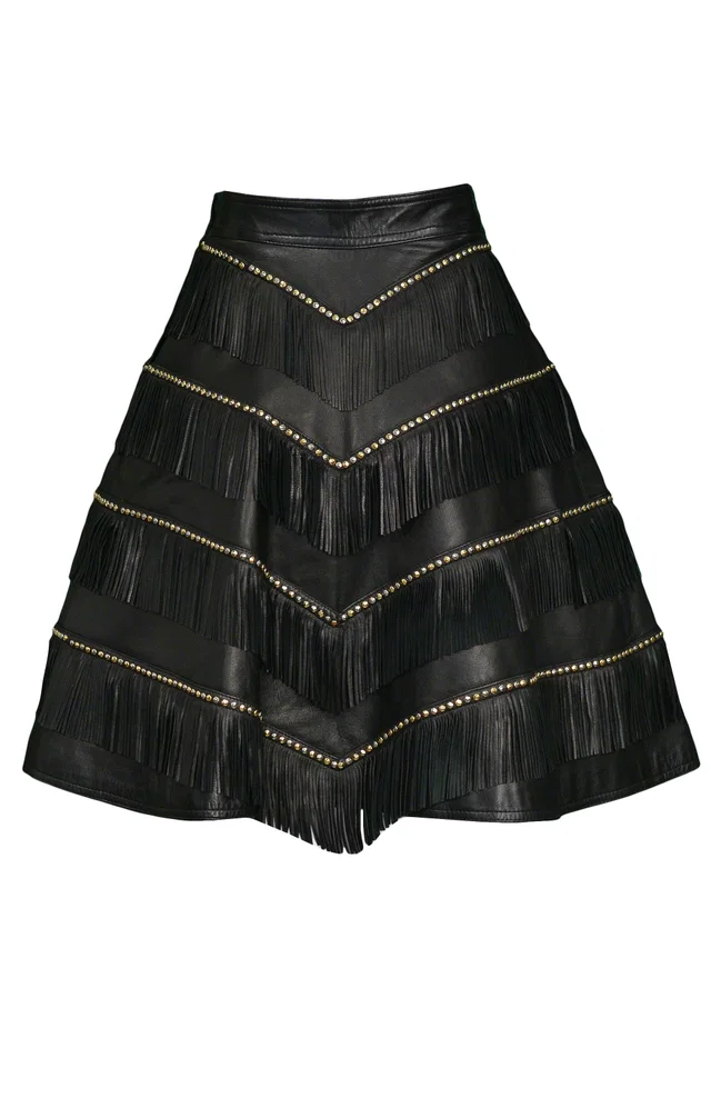 Versace Black Leather Fringe And Gold Stud Skirt 1992 in Black Leather from Resurrection Vintage