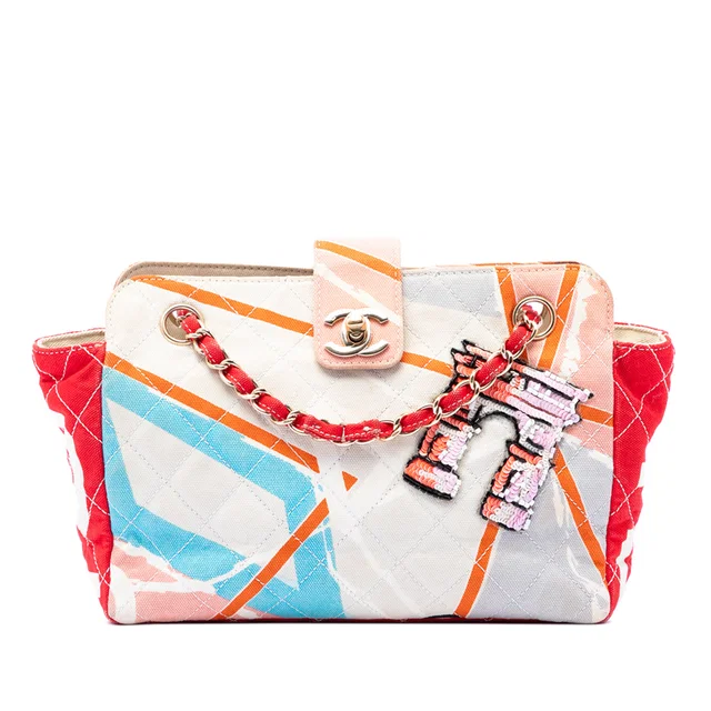 Beige Chanel CC Quilted Printed Canvas and Sequins Arc De Triomphe Shoulder Bag in Beige Canvas from Designer Revival