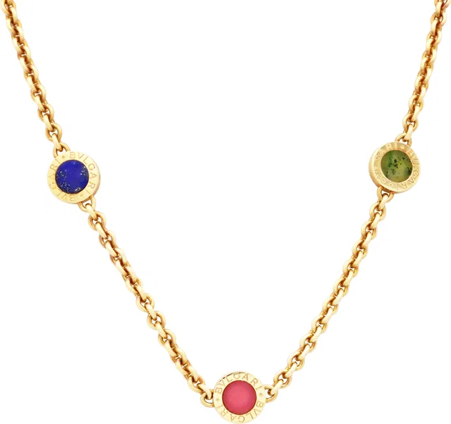 Bvlgari Triple Circle necklace featuring lapis lazuli, coral, and malachite in Yellow Yellow Gold from Gray And Sons