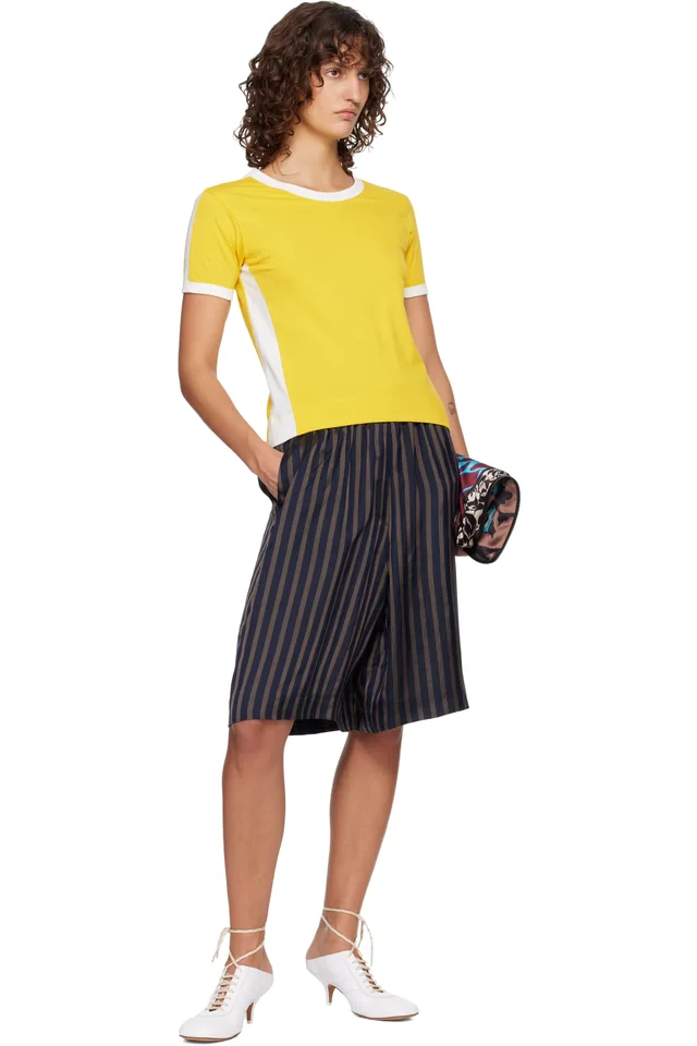 Dries Van Noten Navy Striped Satin Shorts, photo 4 of 4 from SSENSE