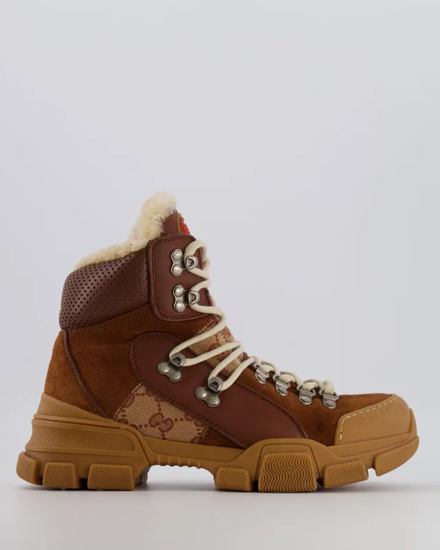 Gucci Flashtrek GG Canvas Shearling Hiking Boots in Brown with Orange Logo Patch Size EU 37.5 in Brown Canvas from Sellier