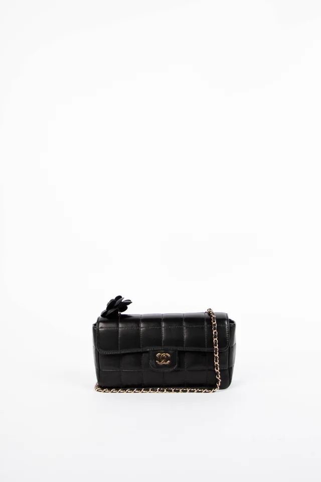 2000s Chanel Black Lambskin Leather Mini Camellia Chocolate Bar Crossbody Bag in Black Lambskin from Break Archive