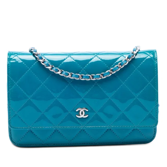 Blue Chanel CC Quilted Patent Wallet on Chain Crossbody Bag in Blue Patent leather from Designer Revival