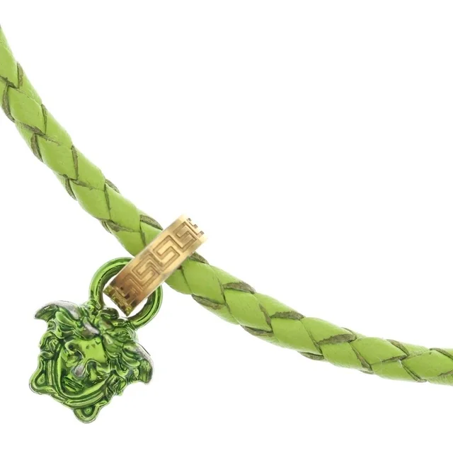 Versace Leather Crystal Medusa Pendant Neckless Braided Logo Necklace Yellow in Yellow Leather from The Reluxe