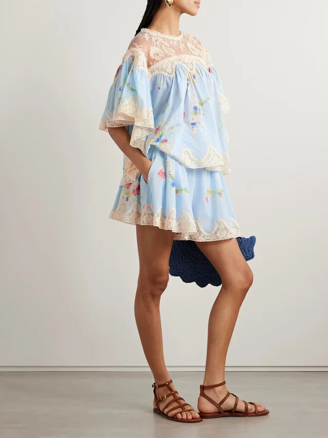 ZIMMERMANN Lucky lace-trimmed pleated floral-print cotton-voile shorts in Blue, photo 2 of 2 from NET-A-PORTER (Canada)