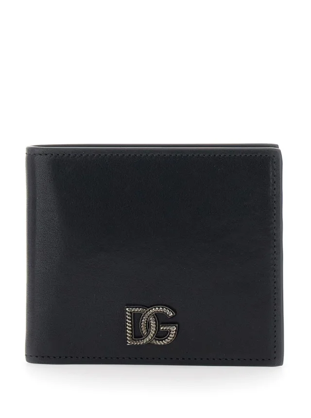 Black Bi-Fold Wallet with Logo Plate In Leather for Men in Black, image 1 of 1 from Gaudenzi Boutique