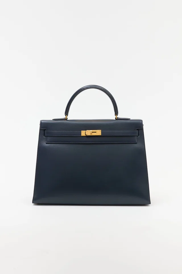 Hermès 1990 Navy Box Kelly Sellier 35 Bag in Navy Box leather from VSP Consignment