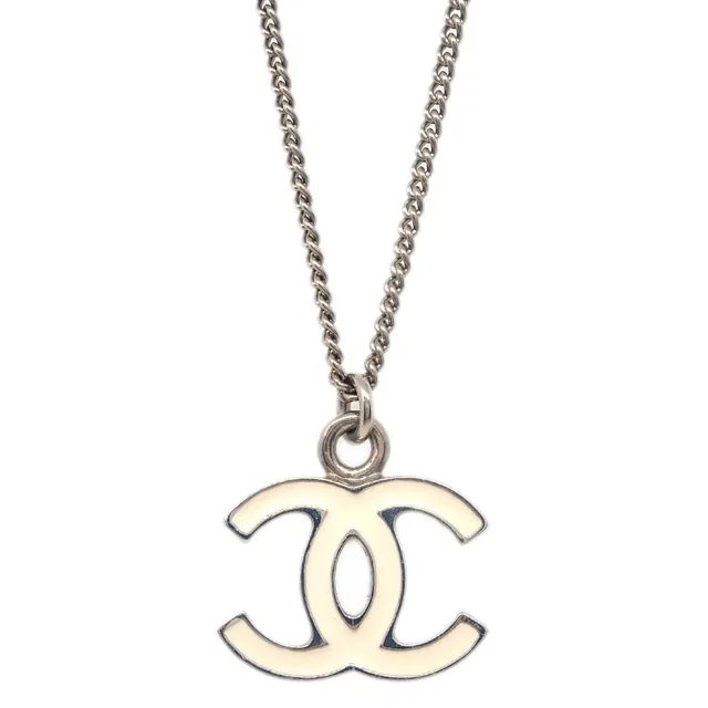 Chanel CC Chain Necklace Silver White 08V in White from AMORE Vintage Tokyo