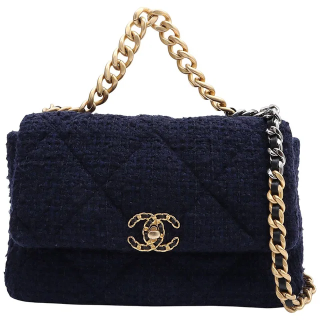 Tweed Chanel 19 2-way Bag in Navy, Circa 2020 in Navy Tweed from VINTAGE QOO TOKYO