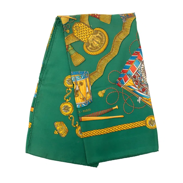 Green Hermès Les Tambours Silk Scarf 90 Scarves in Green Silk from Designer Revival
