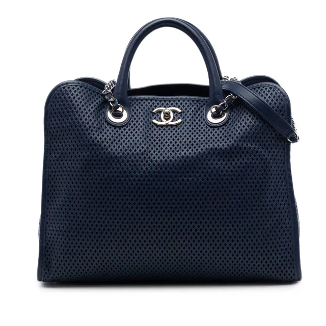 Blue Chanel Perforated Calfskin Up In The Air Tote Satchel in Blue Calfskin from Designer Revival