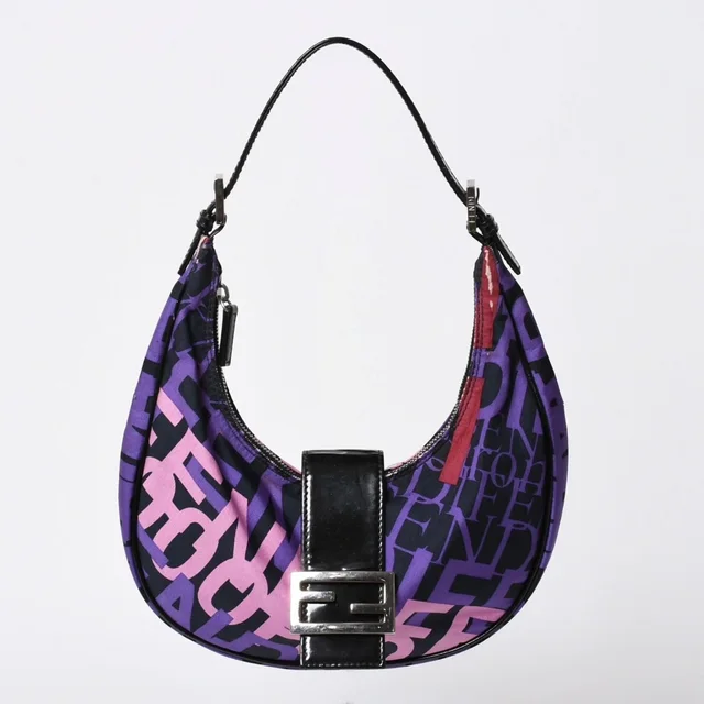 Fendi Typography Print Half Moon Hobo Croissant Purple Pink Silver in Pink Patent leather from The Reluxe