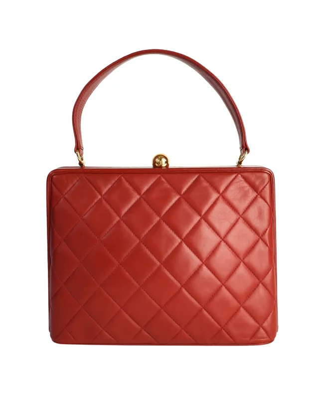 Chanel Vintage Quilted Matelasse Red Lambskin Leather Structured Top Handle Bag in Red Lambskin from Amarcord Vintage Fashion