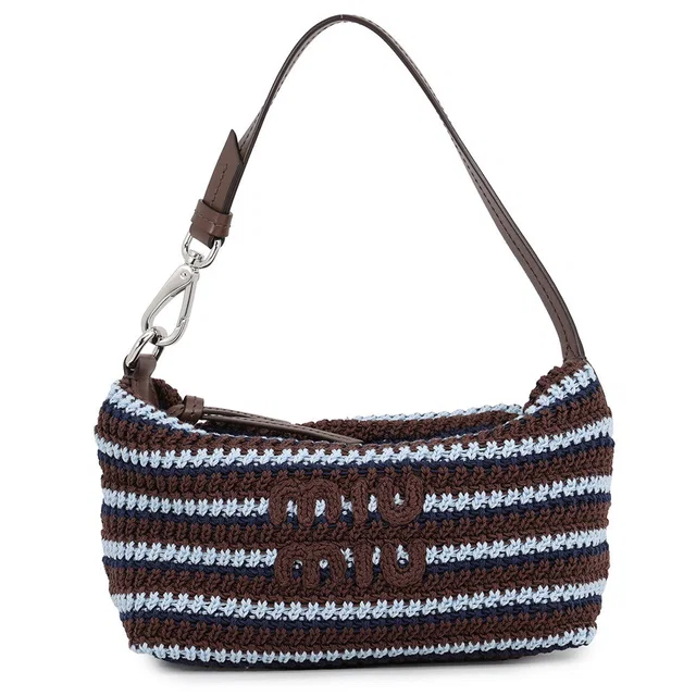 Miu Miu Spirit Crochet Pouch Celeste Blue/Cocoa Brown5NE841_2IH7_F04H6 Cotton in Blue from GALLERY RARE