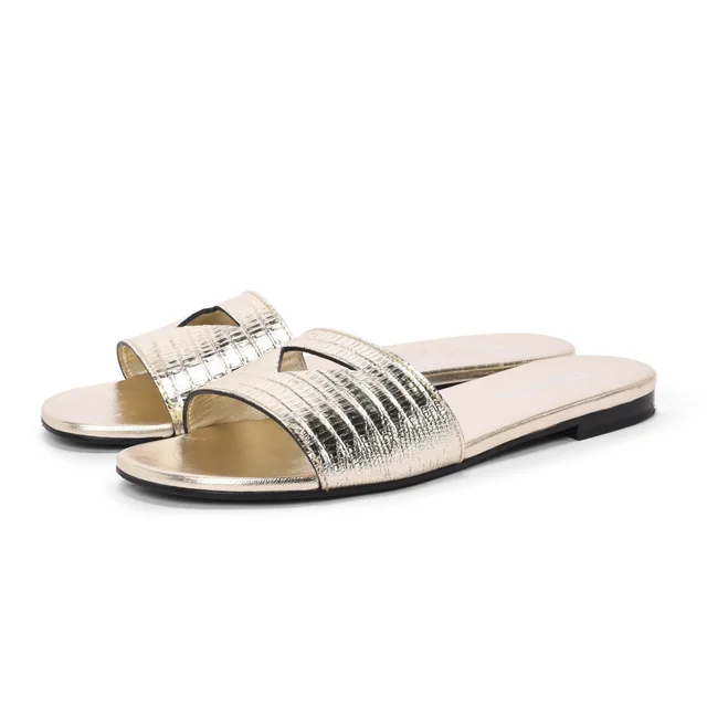 Prada St Tejus Slides 40 in Light Gold Lizard from Blue Spinach