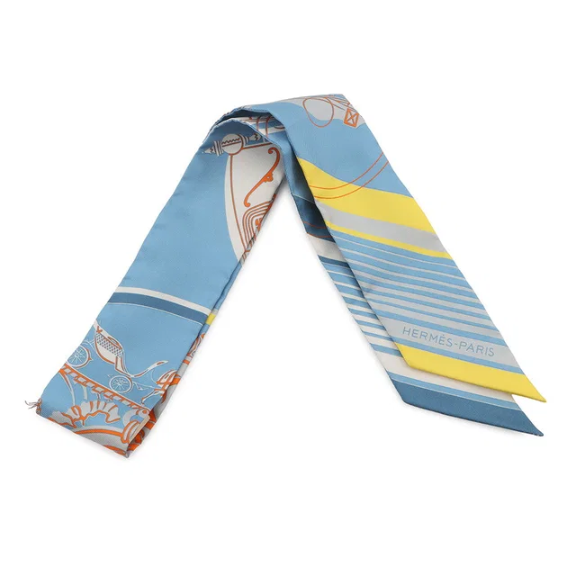 Hermès Twilly Ex-Libris Bleu Moyan/Jaune Viff/Orange Silk100% in Blue from GALLERY RARE