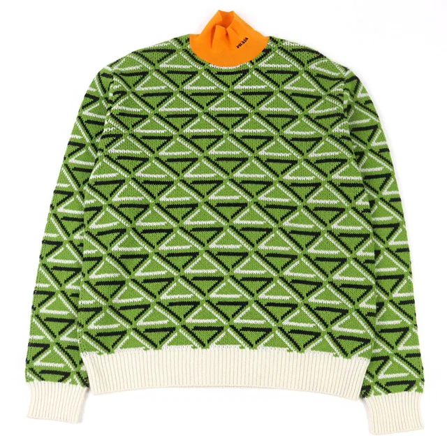 Prada Virgin 29% Wool Cashmere Logo Embroidery High Neck Knit Sweater Green in Green Cashmere from The Reluxe