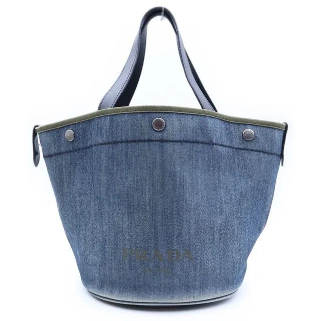 Prada Bucket Shape Tote Bag Indigo Blue Black Denim Leather in Black Denim from The Reluxe