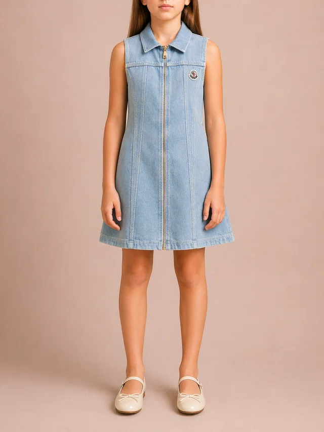 Moncler Kids Light Blue Denim Mini Dress with Logo and Zip Detailing Size 10 years in Blue Denim from Sellier