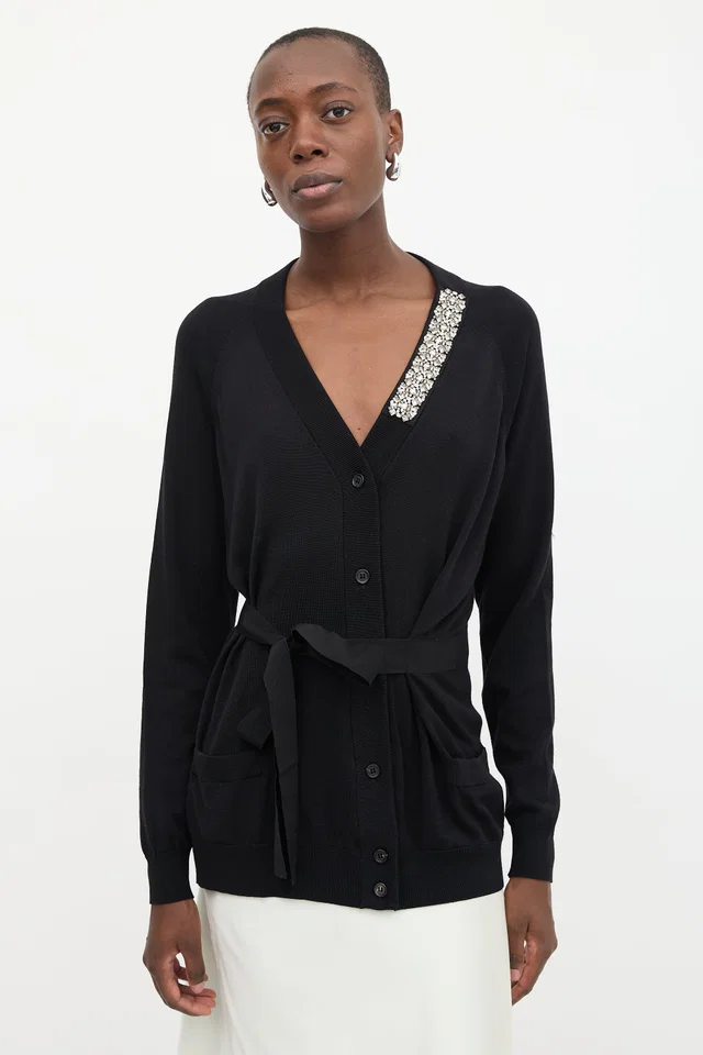 Prada 2018 Crystal Embellished Tie Cardigan in Wool from VSP Consignment