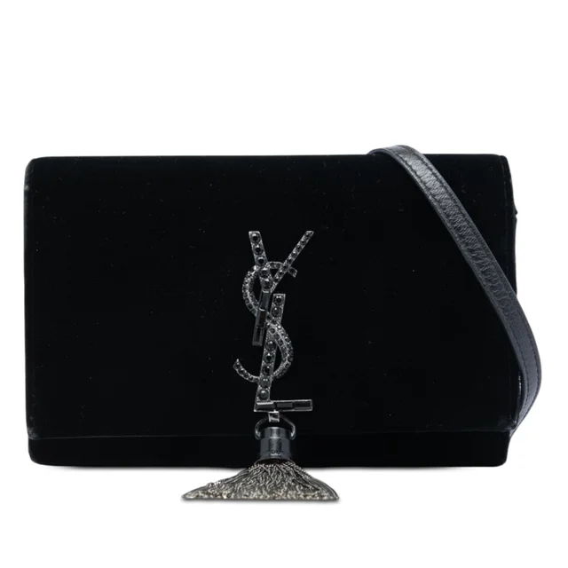 Black Saint Laurent Velvet Crystal Monogram Kate Tassel Wallet on Chain Crossbody Bag in Black Velvet from Designer Revival