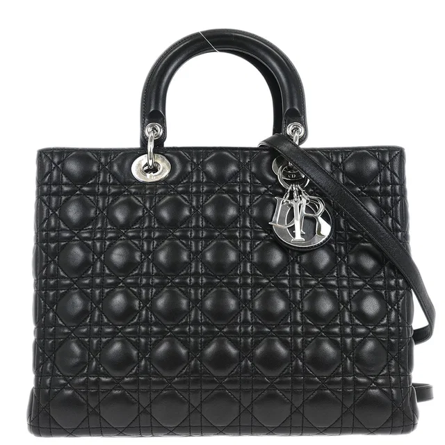 Black Lambskin Large Lady Dior Cannage 2way Shoulder Handbag in Black Lambskin from AMORE Vintage Tokyo