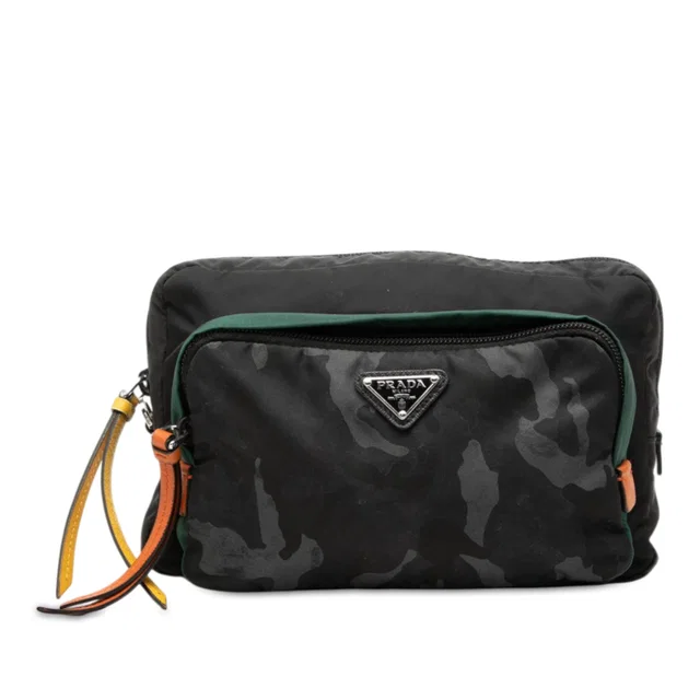 Black Prada Tessuto Camouflage Pouch in Black Nylon from Designer Revival